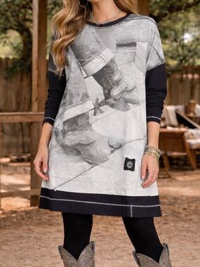 Double D Ranch XL Cowboy Boot Print Tunic Dress Western Bamboo Blend XL